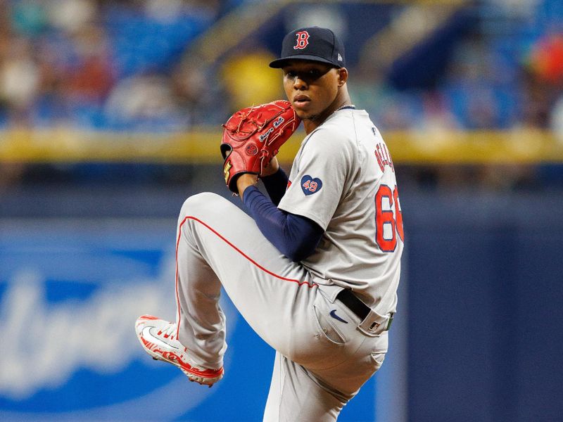 May 22, 2024; St. Petersburg, Florida, USA;  Boston Red Sox pitcher Brayan Bello (66) throws a pitch against the Tampa Bay Rays in the second inning at Tropicana Field. Mandatory Credit: Nathan Ray Seebeck-USA TODAY Sports