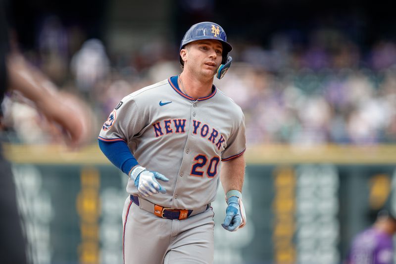 Jun 8, 2025; Denver, Colorado, USA; New York Mets first baseman Pete Alonso (20) rounds the bases on a two run home run in the eighth inning against the Colorado Rockies at Coors Field. Mandatory Credit: Isaiah J. Downing-Imagn Images