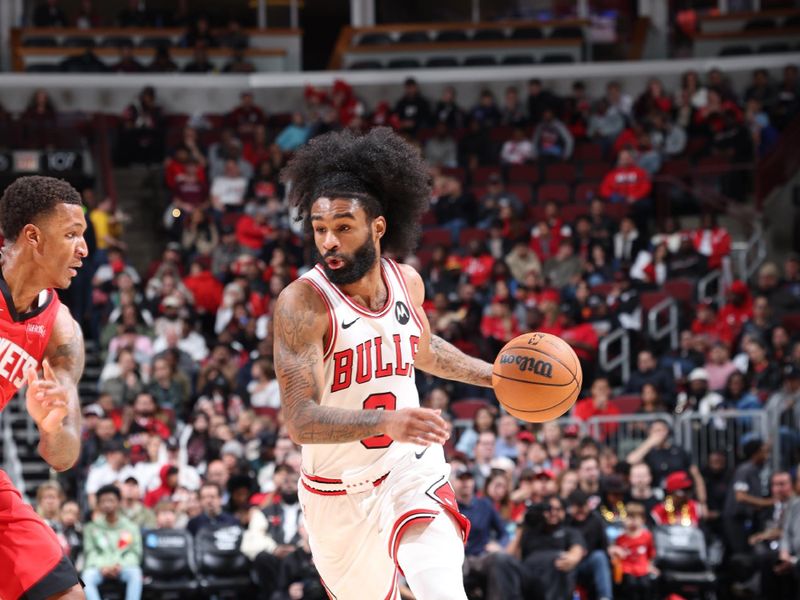 CHICAGO, IL - NOVEMBER 17:   Coby White #0 of the Chicago Bulls dribbles the ball during the game against the Houston Rockets during a regular season game on November 17, 2024 at United Center in Chicago, Illinois. NOTE TO USER: User expressly acknowledges and agrees that, by downloading and or using this photograph, User is consenting to the terms and conditions of the Getty Images License Agreement. Mandatory Copyright Notice: Copyright 2024 NBAE (Photo by Jeff Haynes/NBAE via Getty Images)