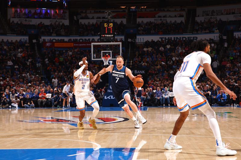 OKLAHOMA CITY, OK - FEBRUARY 24:  Joe Ingles #7 of the Minnesota Timberwolves handles the ball during the game against the Oklahoma City Thunder on February 24, 2025 at Paycom Center in Oklahoma City, Oklahoma. NOTE TO USER: User expressly acknowledges and agrees that, by downloading and or using this photograph, User is consenting to the terms and conditions of the Getty Images License Agreement. Mandatory Copyright Notice: Copyright 2025 NBAE (Photo by Zach Beeker/NBAE via Getty Images)