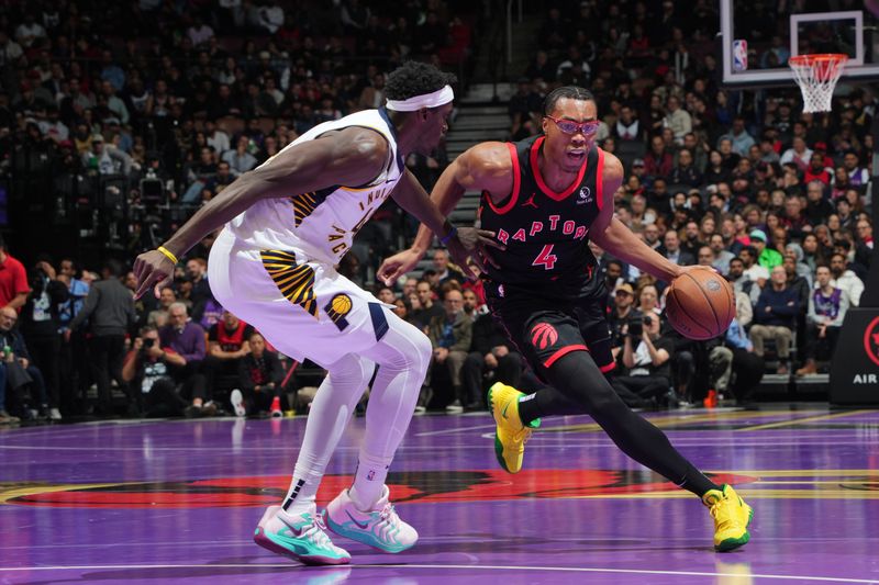 TORONTO, CANADA - DECEMBER 3: Scottie Barnes #4 of the Toronto Raptors handles the ball during the game against the Indiana Pacers during the Emirates NBA Cup game on December 3, 2024 at the Scotiabank Arena in Toronto, Ontario, Canada.  NOTE TO USER: User expressly acknowledges and agrees that, by downloading and or using this Photograph, user is consenting to the terms and conditions of the Getty Images License Agreement.  Mandatory Copyright Notice: Copyright 2024 NBAE (Photo by Mark Blinch/NBAE via Getty Images)