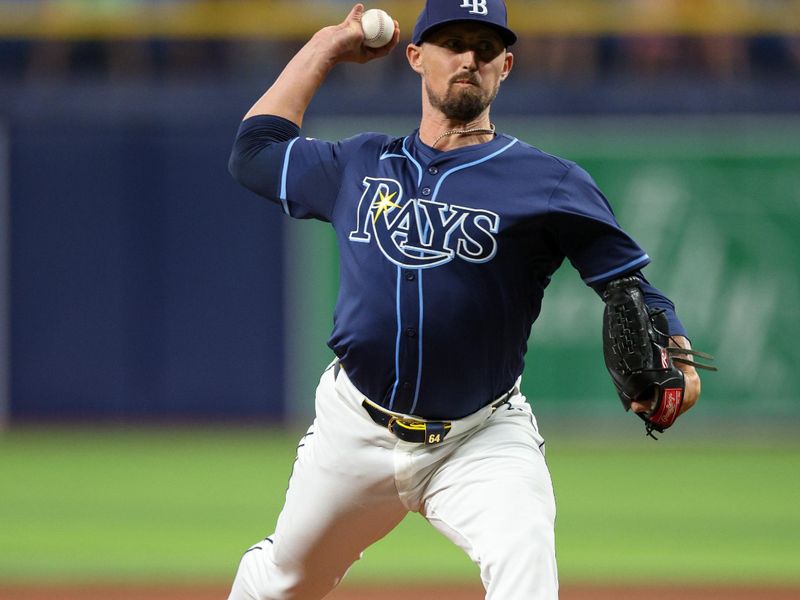 Apr 3, 2024; St. Petersburg, Florida, USA;  Tampa Bay Rays relief pitcher Shawn Armstrong (64) throws a pitch against the Texas Rangers in the seventh inning at Tropicana Field. Mandatory Credit: Nathan Ray Seebeck-USA TODAY Sports