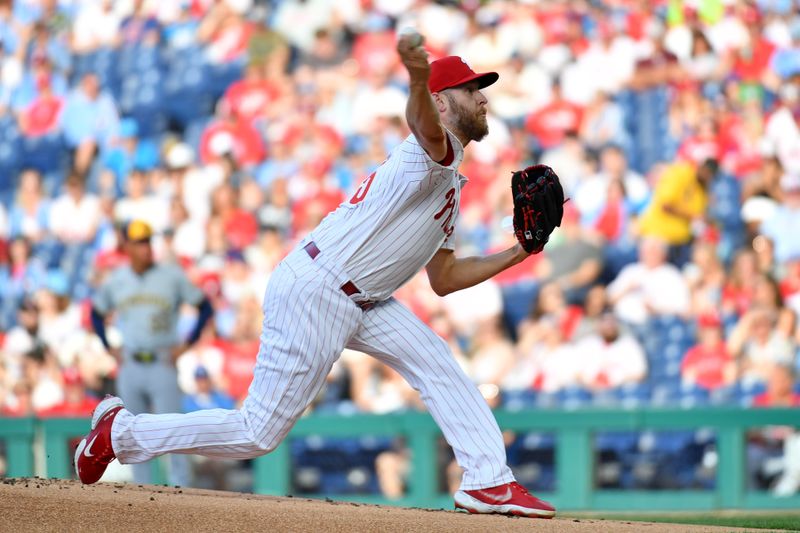 Jun 3, 2024; Philadelphia, Pennsylvania, USA; Philadelphia Phillies pitcher Zack Wheeler (45) throws a pitch during the first inning against the Milwaukee Brewers at Citizens Bank Park. Mandatory Credit: Eric Hartline-USA TODAY Sports