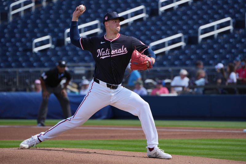 Feb 28, 2024; West Palm Beach, Florida, USA;  Washington Nationals starting pitcher Jackson Rutledge (79) pitches in the first inning against the Boston Red Sox at The Ballpark of the Palm Beaches. Mandatory Credit: Jim Rassol-USA TODAY Sports