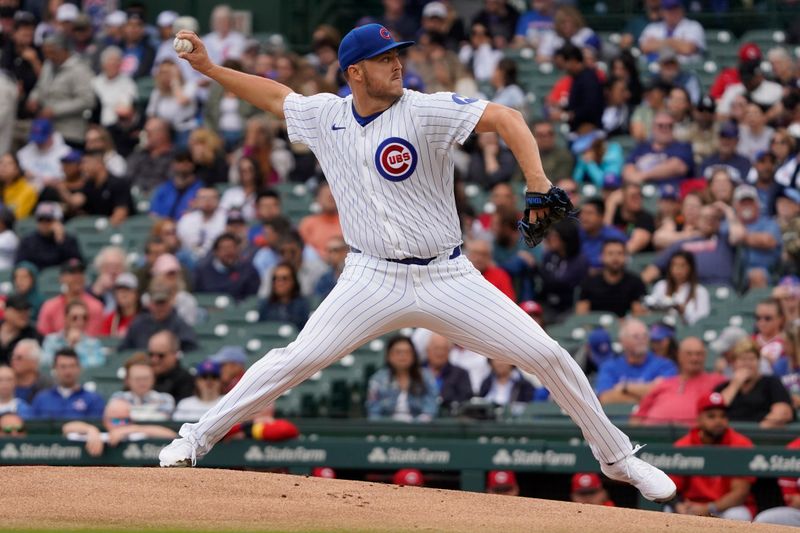 Sep 27, 2024; Chicago, Illinois, USA; Chicago Cubs pitcher Jameson Taillon (50) throws the ball against the Cincinnati Reds during the first inning at Wrigley Field. Mandatory Credit: David Banks-Imagn Images