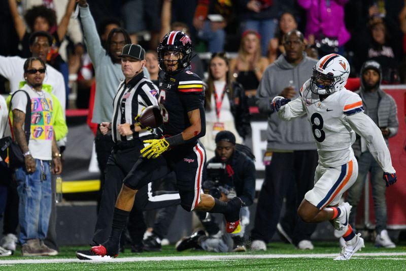 Sep 15, 2023; College Park, Maryland, USA; Maryland Terrapins wide receiver Jeshaun Jones (6) scores a touchdown during the third quarter against the Virginia Cavaliers at SECU Stadium. Mandatory Credit: Reggie Hildred-USA TODAY Sports