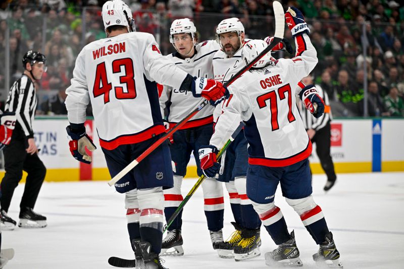 Jan 27, 2024; Dallas, Texas, USA; Washington Capitals left wing Alex Ovechkin (8) and center Dylan Strome (17) and right wing Tom Wilson (43) and right wing T.J. Oshie (77) celebrates after Ovechkin scores a goal against the Dallas Stars during the third period at the American Airlines Center. Mandatory Credit: Jerome Miron-USA TODAY Sports