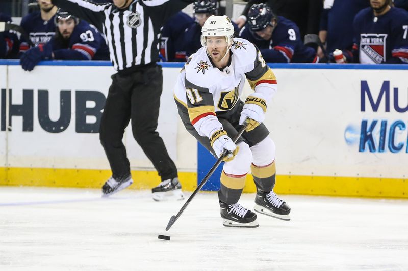 Jan 26, 2024; New York, New York, USA; Vegas Golden Knights right wing Jonathan Marchessault (81) controls the puck in the third period against the New York Rangers at Madison Square Garden. Mandatory Credit: Wendell Cruz-USA TODAY Sports