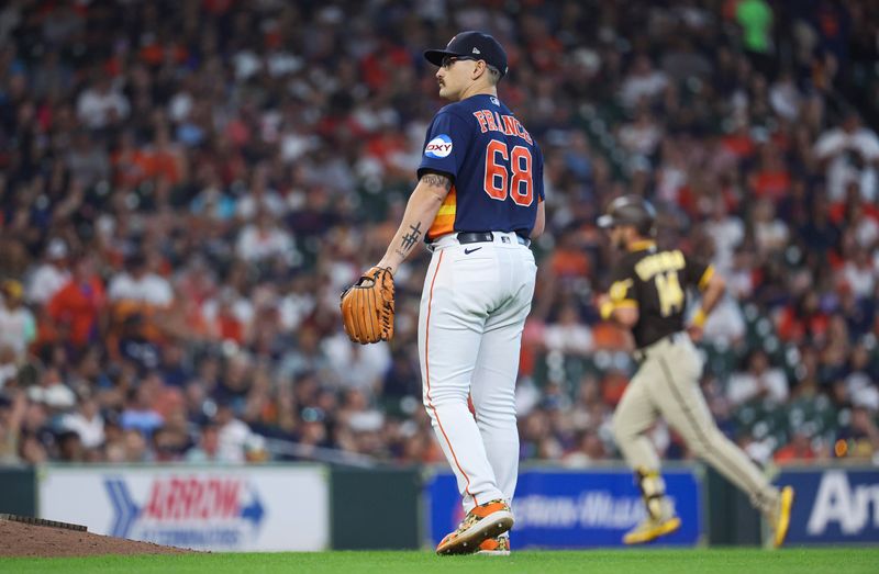 Sep 10, 2023; Houston, Texas, USA; Houston Astros starting pitcher J.P. France (68) reacts and San Diego Padres designated hitter Matt Carpenter (14) rounds the bases after hitting a home run during the sixth inning at Minute Maid Park. Mandatory Credit: Troy Taormina-USA TODAY Sports