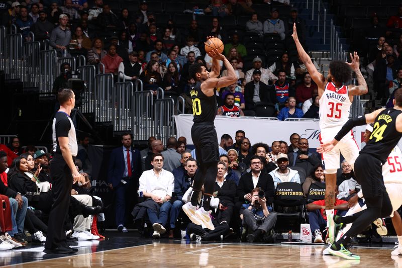 WASHINGTON, DC -? JANUARY 25: Ochai Agbaji #30 of the Utah Jazz shoots a three point basket during the game against the Washington Wizards on January 25, 2024 at Capital One Arena in Washington, DC. NOTE TO USER: User expressly acknowledges and agrees that, by downloading and or using this Photograph, user is consenting to the terms and conditions of the Getty Images License Agreement. Mandatory Copyright Notice: Copyright 2024 NBAE (Photo by Kenny Giarla/NBAE via Getty Images)