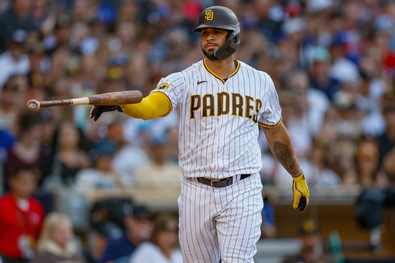 Jul 29, 2023; San Diego, California, USA; San Diego Padres designated hitter Gary S  nchez (99) draws bases loaded walk in the second inning against the Texas Rangers at Petco Park. Mandatory Credit: David Frerker-USA TODAY Sports