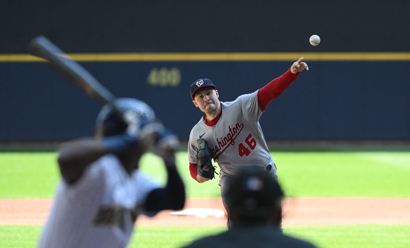Sep 17, 2023; Milwaukee, Wisconsin, USA; Washington Nationals starting pitcher Patrick Corbin (46) delivers a pitch against the Milwaukee Brewers in the first inning at American Family Field. Mandatory Credit: Michael McLoone-USA TODAY Sports