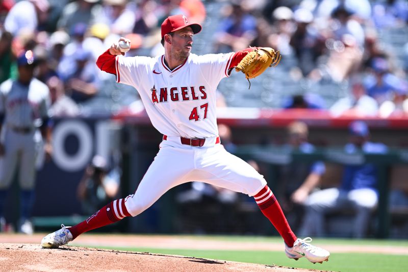 Aug 4, 2024; Anaheim, California, USA; Los Angeles Angels pitcher Griffin Canning (47) throws a pitch against the New York Mets during the first inning at Angel Stadium. Mandatory Credit: Jonathan Hui-USA TODAY Sports