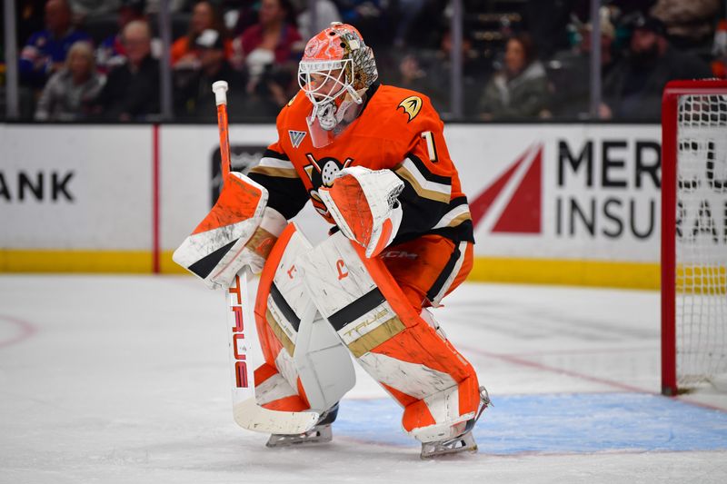 Mar 3, 2026; Anaheim, California, USA; Anaheim Ducks goaltender Lukas Dostal (1) defends the goal against the Colorado Avalanche during the first period at Honda Center. Mandatory Credit: Gary A. Vasquez-Imagn Images