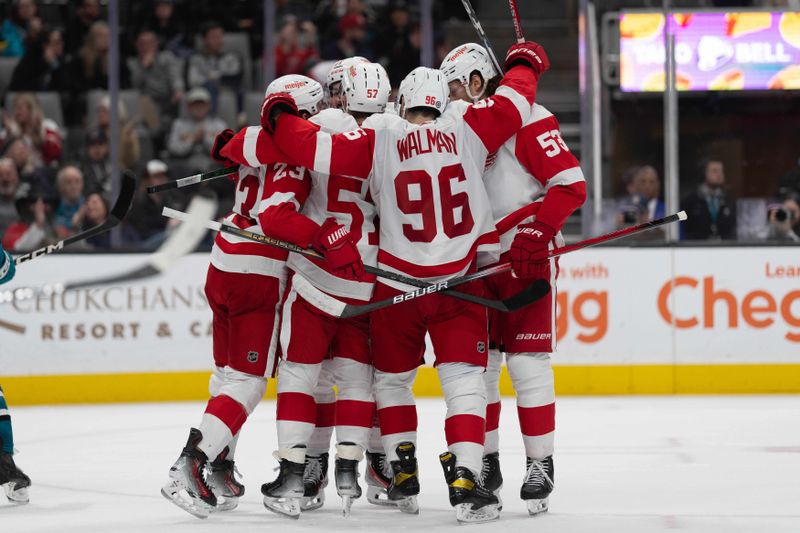 Jan 2, 2024; San Jose, California, USA; Detroit Red Wings celebrate during the third period against the San Jose Sharks at SAP Center at San Jose. Mandatory Credit: Stan Szeto-USA TODAY Sports