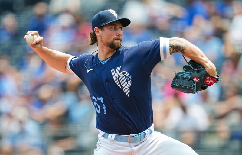 Jul 15, 2023; Kansas City, Missouri, USA; Kansas City Royals starting pitcher Alec Marsh (67) pitches during the first inning against the Tampa Bay Rays at Kauffman Stadium. Mandatory Credit: Jay Biggerstaff-USA TODAY Sports