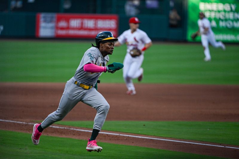 Aug 16, 2023; St. Louis, Missouri, USA;  Oakland Athletics center fielder Esteury Ruiz (1) runs and scores against the St. Louis Cardinals during the fourth inning at Busch Stadium. Mandatory Credit: Jeff Curry-USA TODAY Sports