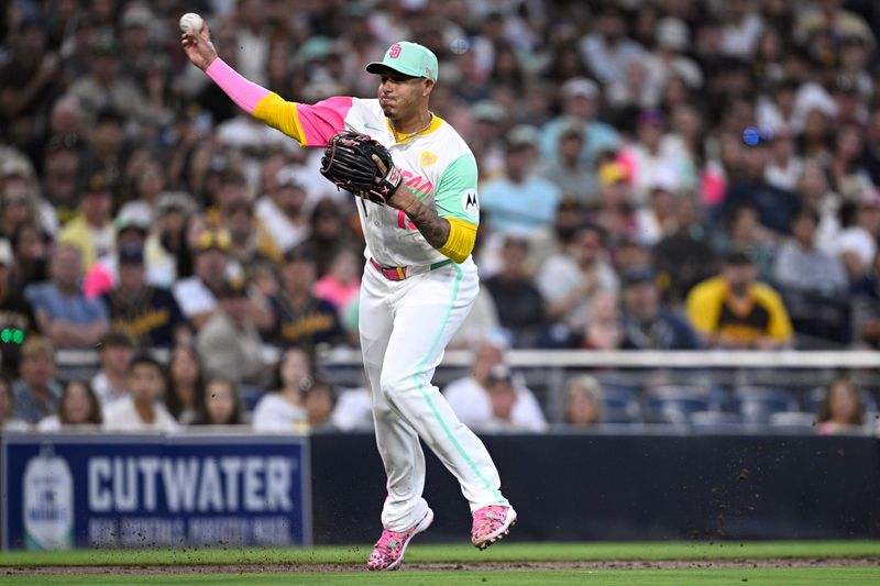 Jun 21, 2024; San Diego, California, USA; San Diego Padres third baseman Manny Machado (13) throws home late on a fielder’s choice by Milwaukee Brewers second baseman Brice Turang (not pictured) during the fifth inning at Petco Park. Mandatory Credit: Orlando Ramirez-USA TODAY Sports