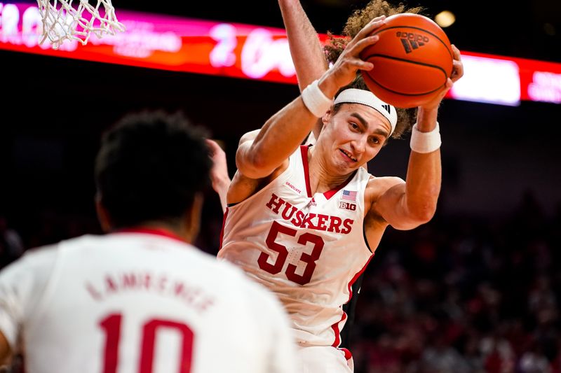 Dec 20, 2023; Lincoln, Nebraska, USA; Nebraska Cornhuskers forward Josiah Allick (53) gets a rebound against the North Dakota Fighting Hawks during the second half at Pinnacle Bank Arena. Mandatory Credit: Dylan Widger-USA TODAY Sports