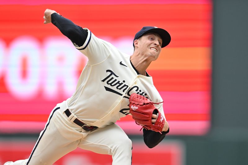 Aug 20, 2023; Minneapolis, Minnesota, USA; Minnesota Twins relief pitcher Griffin Jax (22) throws a pitch against the Pittsburgh Pirates during the eighth inning at Target Field. Mandatory Credit: Jeffrey Becker-USA TODAY Sports