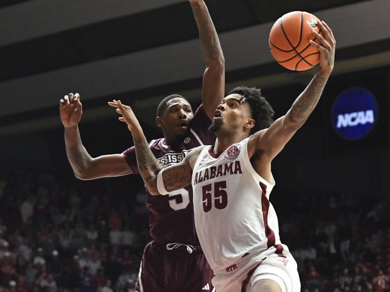 Feb 3, 2024; Tuscaloosa, Alabama, USA;  Alabama guard Aaron Estrada attempts a shot in the lane with Mississippi State guard Shawn Jones Jr. (5) defending at Coleman Coliseum.  Mandatory Credit: Gary Cosby Jr.-USA TODAY Sports