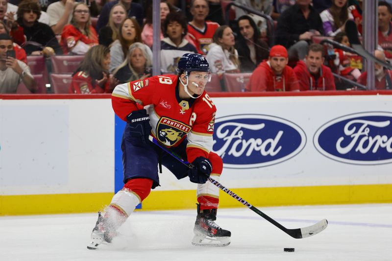 Nov 7, 2024; Sunrise, Florida, USA; Florida Panthers left wing Matthew Tkachuk (19) controls the puck against the Nashville Predators during the second period at Amerant Bank Arena. Mandatory Credit: Sam Navarro-Imagn Images