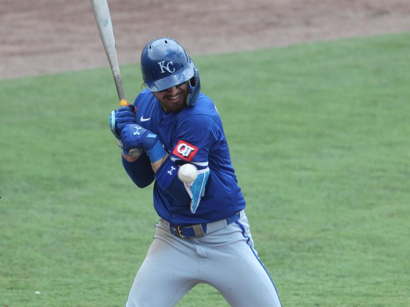 May 1, 2025; St. Petersburg, Florida, USA; Kansas City Royals shortstop Bobby Witt Jr. (7) gets hit by a pitch with bases loaded to score a run sixth inning against the Tampa Bay Rays  at George M. Steinbrenner Field. Mandatory Credit: Kim Klement Neitzel-Imagn Images