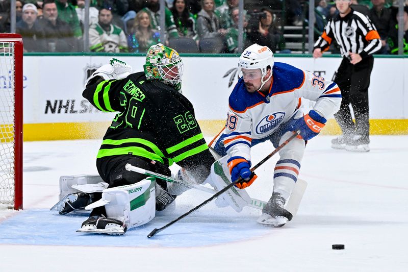 Apr 3, 2024; Dallas, Texas, USA; Dallas Stars goaltender Jake Oettinger (29) stops a breakaway shot by Edmonton Oilers center Sam Carrick (39) during the first period at the American Airlines Center. Mandatory Credit: Jerome Miron-USA TODAY Sports