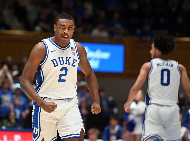 Dec 9, 2023; Durham, North Carolina, USA; Duke Blue Devils guard Jaylen Blakes (2) reacts during the second half against the Charlotte 49ers at Cameron Indoor Stadium. Mandatory Credit: Rob Kinnan-USA TODAY Sports