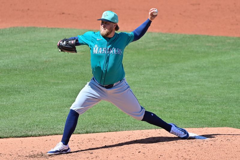 Mar 8, 2024; Mesa, Arizona, USA;  Seattle Mariners pitcher Kirby Snead (43) throws in the second inning against the Chicago Cubs  during a spring training game at Sloan Park. Mandatory Credit: Matt Kartozian-USA TODAY Sports