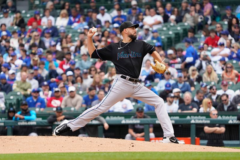 May 6, 2023; Chicago, Illinois, USA; Miami Marlins starting pitcher Matt Barnes (32) throws the ball against the Chicago Cubs during the first inning at Wrigley Field. Mandatory Credit: David Banks-USA TODAY Sports