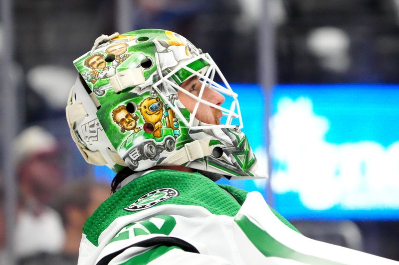 May 17, 2024; Denver, Colorado, USA; Dallas Stars goaltender Jake Oettinger (29) before the game against the Colorado Avalanche in game six of the second round of the 2024 Stanley Cup Playoffs at Ball Arena. Mandatory Credit: Ron Chenoy-USA TODAY Sports