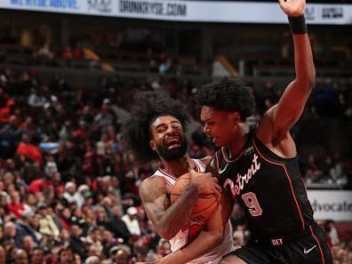 CHICAGO, IL - NOVEMBER 12: Coby White #0 of the Chicago Bulls drives to the basket during the game against the Detroit Pistons on November 12, 2023 at United Center in Chicago, Illinois. NOTE TO USER: User expressly acknowledges and agrees that, by downloading and or using this photograph, User is consenting to the terms and conditions of the Getty Images License Agreement. Mandatory Copyright Notice: Copyright 2023 NBAE (Photo by Gary Dineen/NBAE via Getty Images)