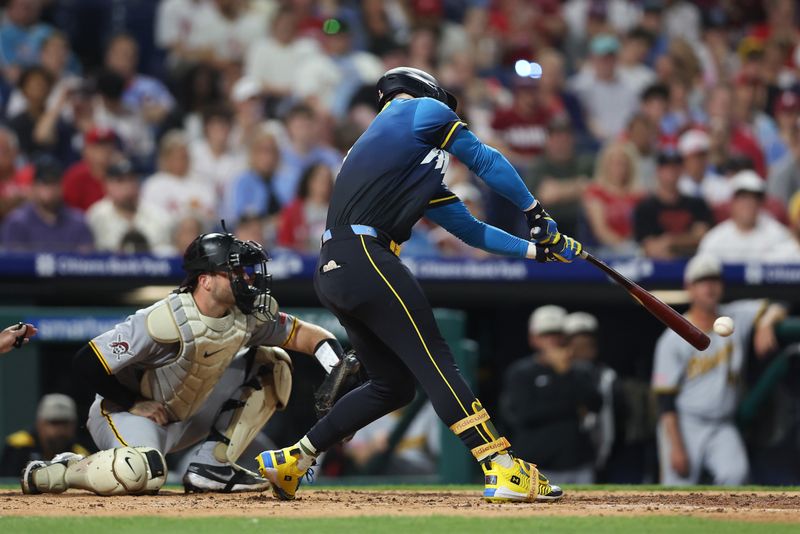 May 16, 2025; Philadelphia, Pennsylvania, USA; Philadelphia Phillies first base Bryce Harper (3) hits his 1000 career RBI on a single during the fifth inning against the Pittsburgh Pirates at Citizens Bank Park. Mandatory Credit: Bill Streicher-Imagn Images