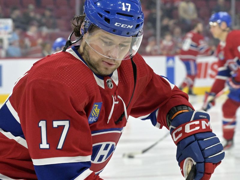 Apr 2, 2024; Montreal, Quebec, CAN; Montreal Canadiens forward Josh Anderson (17) skates during the warmup period before the game against the Florida Panthers at the Bell Centre. Mandatory Credit: Eric Bolte-USA TODAY Sports