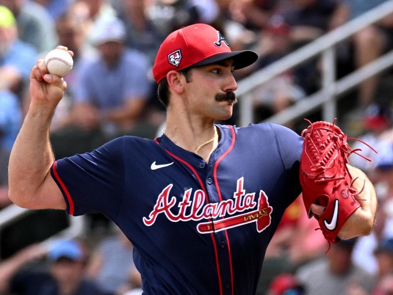 Mar 5, 2024; North Port, Florida, USA; Atlanta Braves pitcher Spencer Strider (99) throws a pitch in the first inning of the spring training game against the Detroit Tigers at CoolToday Park. Mandatory Credit: Jonathan Dyer-USA TODAY Sports