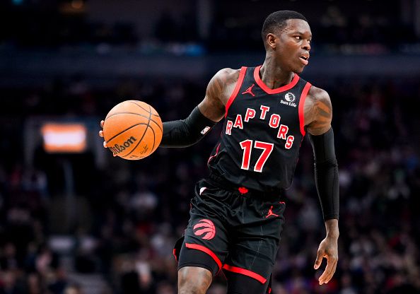 TORONTO, ON - DECEMBER 23: Dennis Schroder #17 of the Toronto Raptors dribbles against the Utah Jazz during the first half of their basketball game at the Scotiabank Arena on December 23, 2023 in Toronto, Ontario, Canada. NOTE TO USER: User expressly acknowledges and agrees that, by downloading and/or using this Photograph, user is consenting to the terms and conditions of the Getty Images License Agreement. (Photo by Mark Blinch/Getty Images)