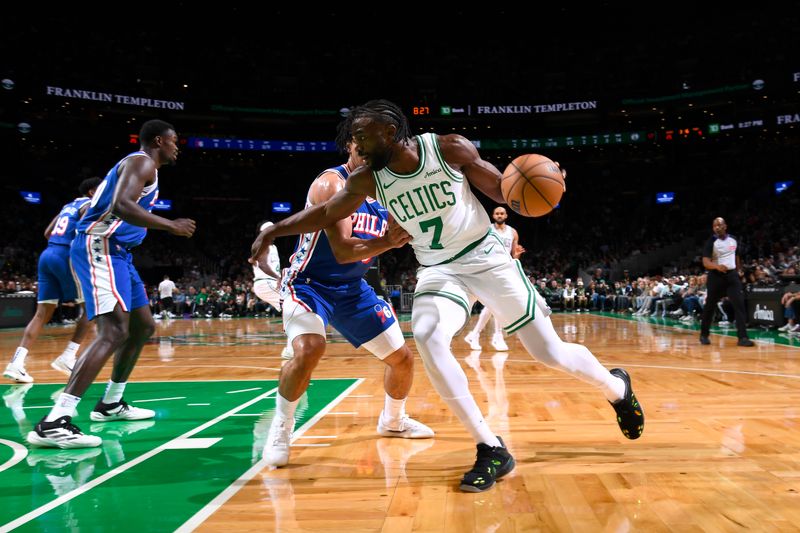 BOSTON, MA - OCTOBER 12: Jaylen Brown #7 of the Boston Celtics handles the ball during the game against the Philadelphia 76ers during a NBA Preseason game on October 12, 2024 at TD Garden in Boston, Massachusetts. NOTE TO USER: User expressly acknowledges and agrees that, by downloading and/or using this Photograph, user is consenting to the terms and conditions of the Getty Images License Agreement. Mandatory Copyright Notice: Copyright 2024 NBAE (Photo by Brian Babineau/NBAE via Getty Images)