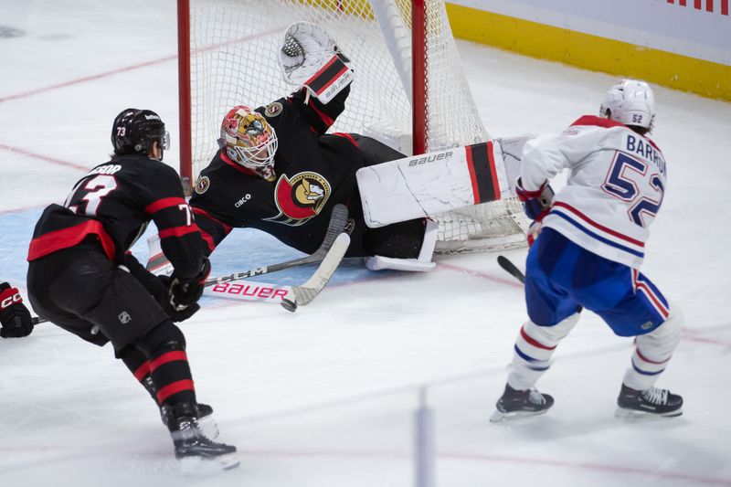 Oct 5, 2024; Ottawa, Ontario, CAN; Ottawa Senators goalie Linus Ullmark (35) makes a save on a shot from Montreal Canadiens defenseman Justin Barron (52) in the third period at the Canadian Tire Centre. Mandatory Credit: Marc DesRosiers-Imagn Images