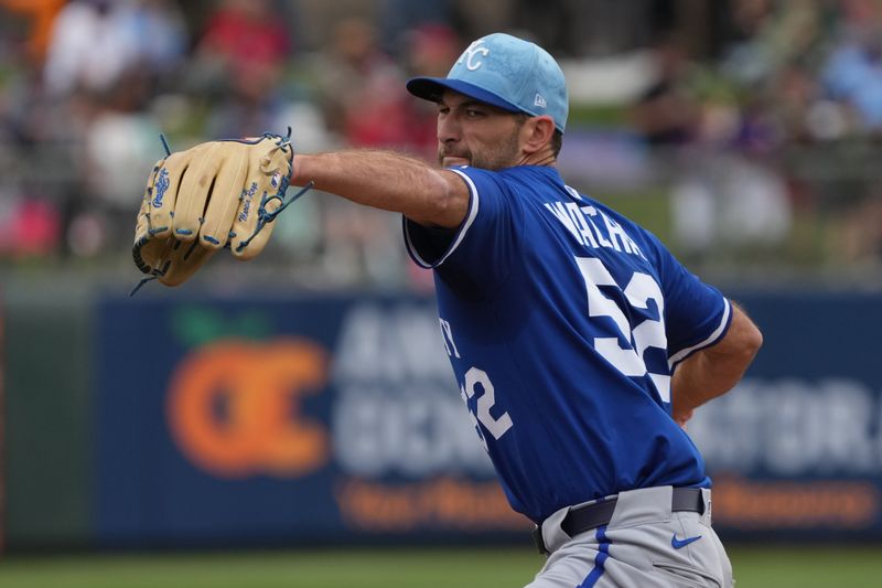 Mar 14, 2025; Tempe, Arizona, USA; Kansas City Royals pitcher Michael Wacha (52) throws against the Los Angeles Angels in the first inning at Tempe Diablo Stadium. Mandatory Credit: Rick Scuteri-Imagn Images