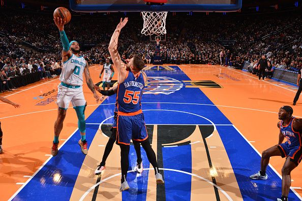 NEW YORK, NY - NOVEMBER 28: Miles Bridges #0 of the Charlotte Hornets shoots the ball during the game against the New York Knicks during the In-Season Tournament on November 28, 2023 at Madison Square Garden in New York City, New York.  NOTE TO USER: User expressly acknowledges and agrees that, by downloading and or using this photograph, User is consenting to the terms and conditions of the Getty Images License Agreement. Mandatory Copyright Notice: Copyright 2023 NBAE  (Photo by Jesse D. Garrabrant/NBAE via Getty Images)