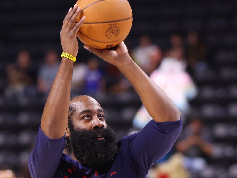 OCEANSIDE, CALIFORNIA - OCTOBER 08: James Harden #1 of the Los Angeles Clippers warms up during the preseason game against the Brooklyn Nets at Frontwave Arena on October 08, 2024 in Oceanside, California. NOTE TO USER: User expressly acknowledges and agrees that, by downloading and or using this photograph, User is consenting to the terms and conditions of the Getty Images License Agreement. (Photo by Joe Scarnici/Getty Images)