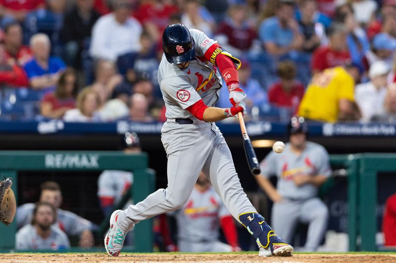 May 31, 2024; Philadelphia, Pennsylvania, USA; St. Louis Cardinals third base Nolan Arenado (28) hits a home run during the seventh inning against the Philadelphia Phillies at Citizens Bank Park. Mandatory Credit: Bill Streicher-USA TODAY Sports