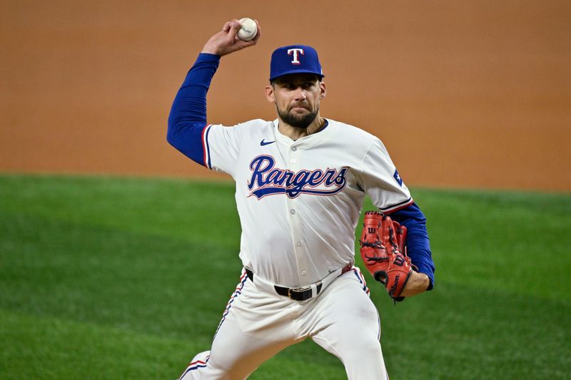 Sep 17, 2024; Arlington, Texas, USA; Texas Rangers starting pitcher Nathan Eovaldi (17) pitches against the Toronto Blue Jays during the first inning at Globe Life Field. Mandatory Credit: Jerome Miron-Imagn Images