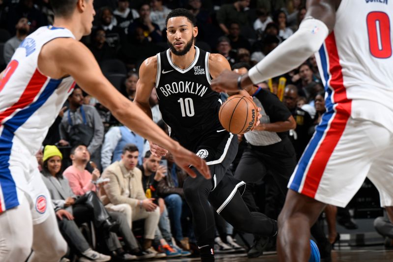 BROOKLYN, NY - NOVEMBER 3: Ben Simmons #10 of the Brooklyn Nets dribbles the ball during the game against the Detroit Pistons on November 3, 2024 at Barclays Center in Brooklyn, New York. NOTE TO USER: User expressly acknowledges and agrees that, by downloading and or using this Photograph, user is consenting to the terms and conditions of the Getty Images License Agreement. Mandatory Copyright Notice: Copyright 2024 NBAE (Photo by David Dow/NBAE via Getty Images)