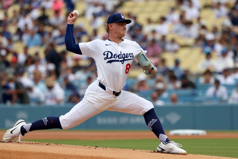 Sep 21, 2025; Los Angeles, California, USA; Los Angeles Dodgers pitcher Emmet Sheehan (80) pitches in the first inning against the San Francisco Giants at Dodger Stadium. Mandatory Credit: Kiyoshi Mio-Imagn Images