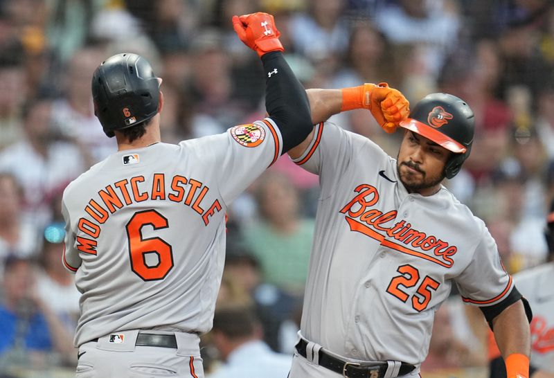 Aug 16, 2023; San Diego, California, USA;  Baltimore Orioles first baseman Ryan Mountcastle (6) is congratulated by right fielder Anthony Santander (25) after hitting a solo home run against the San Diego Padres during the sixth inning at Petco Park. Mandatory Credit: Ray Acevedo-USA TODAY Sports