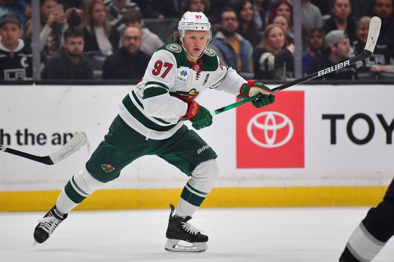 Mar 20, 2024; Los Angeles, California, USA; Minnesota Wild left wing Kirill Kaprizov (97) in action against the Los Angeles Kings during the first period at Crypto.com Arena. Mandatory Credit: Gary A. Vasquez-USA TODAY Sports