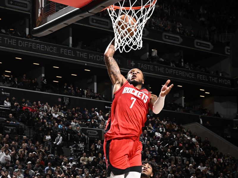 BROOKLYN, NY - JANUARY 27: Cam Whitmore #7 of the Houston Rockets drives to the basket during the game against the Brooklyn Nets on January 27, 2024 at Barclays Center in Brooklyn, New York. NOTE TO USER: User expressly acknowledges and agrees that, by downloading and or using this Photograph, user is consenting to the terms and conditions of the Getty Images License Agreement. Mandatory Copyright Notice: Copyright 2024 NBAE (Photo by David Dow/NBAE via Getty Images)