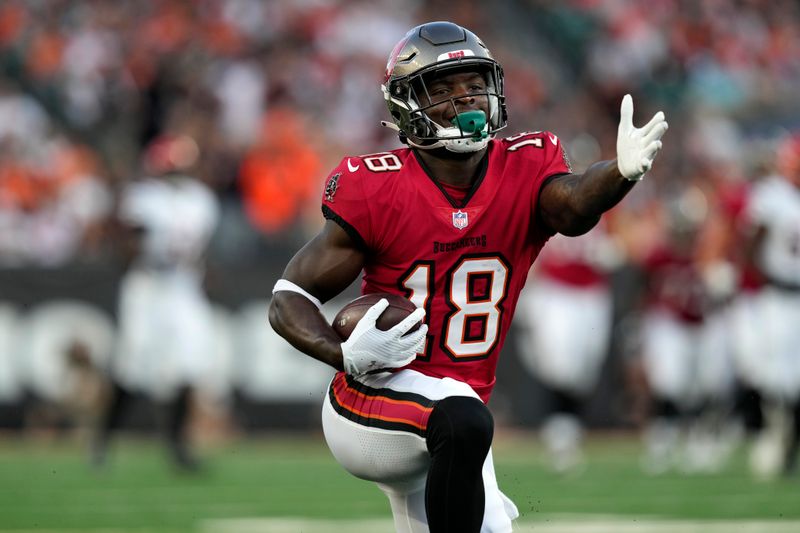 Tampa Bay Buccaneers wide receiver Rakim Jarrett (18) signals for a first down after making a catch against the Cincinnati Bengals in the first half of an NFL preseason football game Saturday, Aug. 10, 2024, in Cincinnati. (AP Photo/Carolyn Kaster)